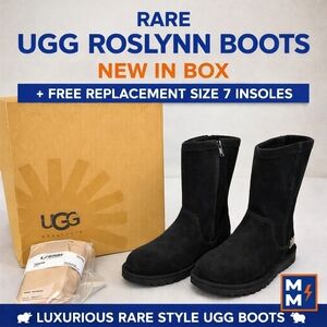 UGG Rare Roslynn Zip Black Suede Boots. New In Box.  Inc Extra Size 7 Insert!